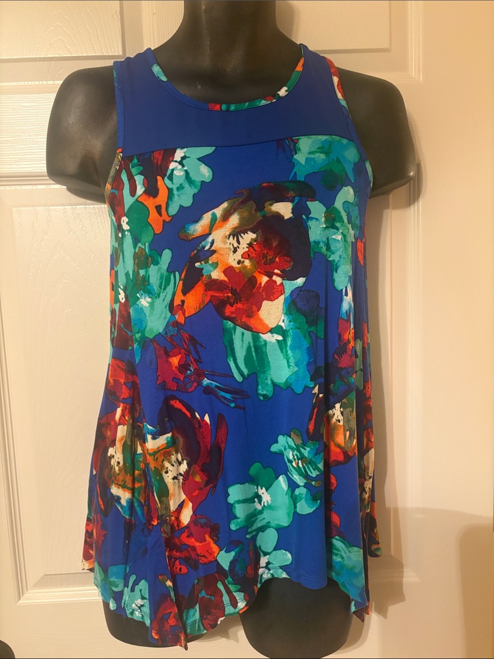 Floral Print Blue Sleeveless Swing Tank Top like new size small